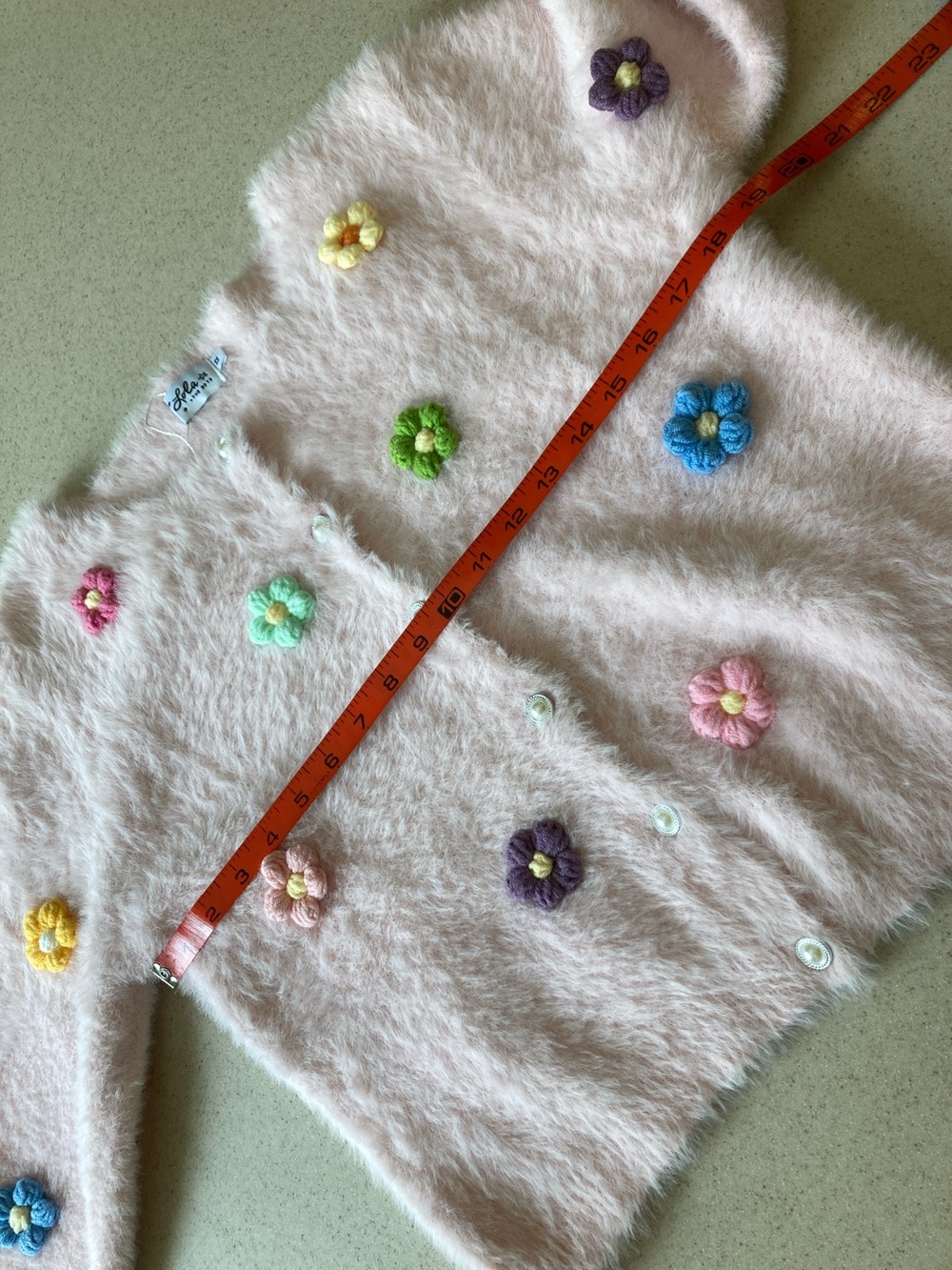 NWOT Lola + The Boys Pink Fuzzy Cardigan Multi 3D Crochet Flowers Girls Size 12 - Picture 7 of 9
